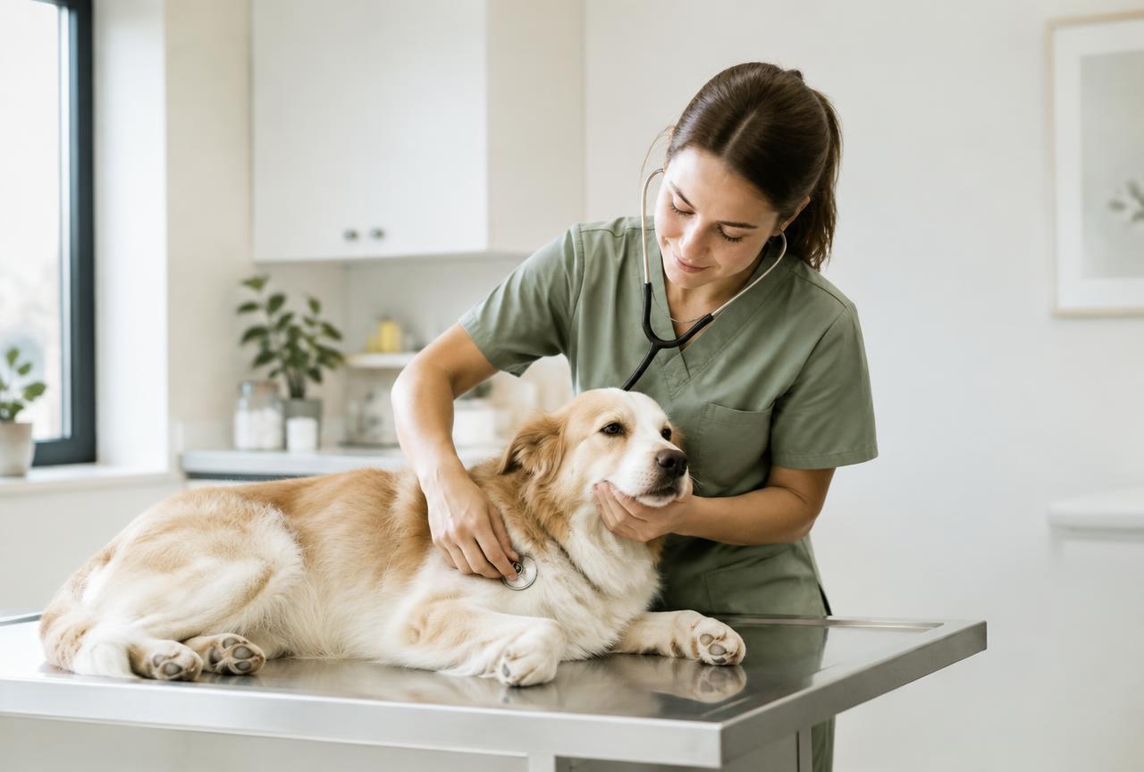 A vet in sage scrubs examining a relaxed dog on a table