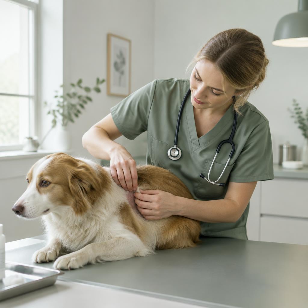 A vet examining a dog's skin on an examination table