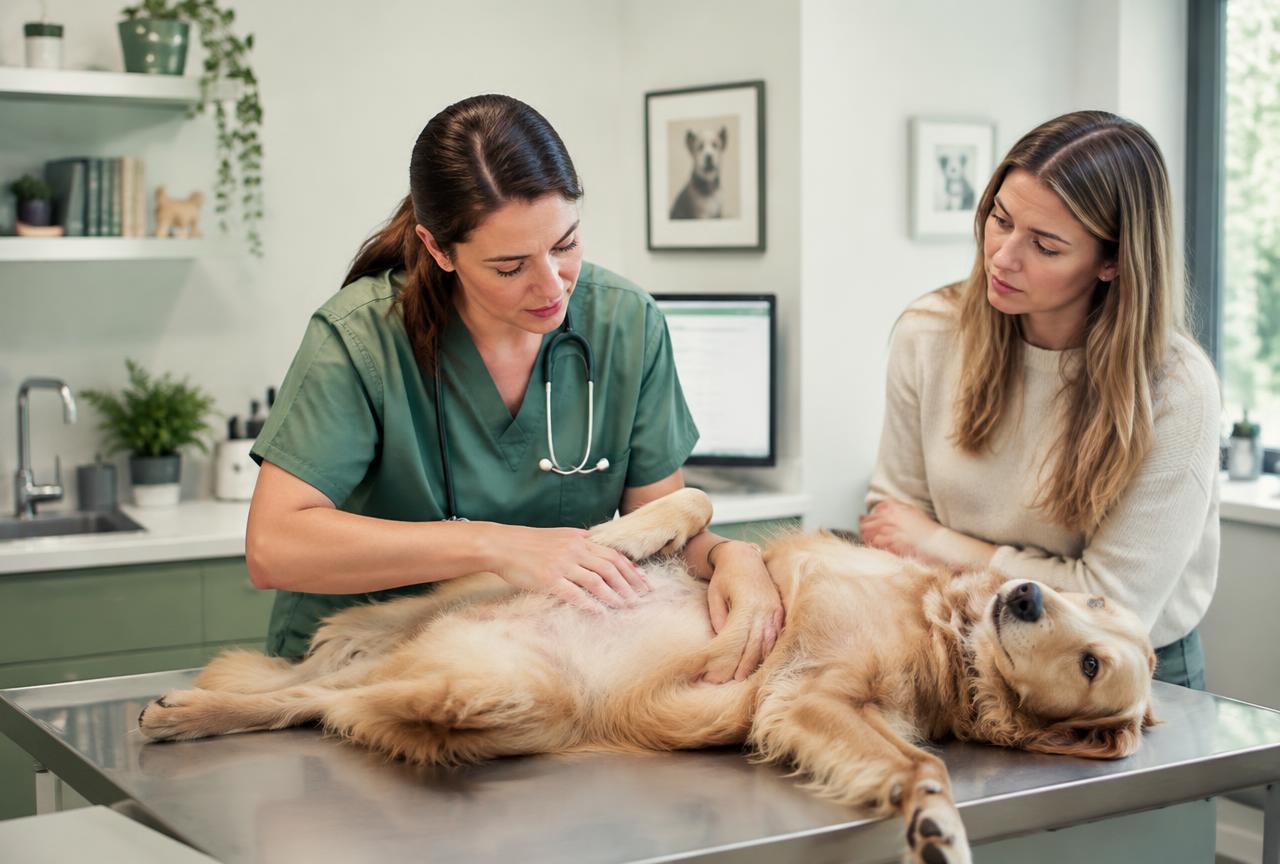 A vet examining a dog after vomiting