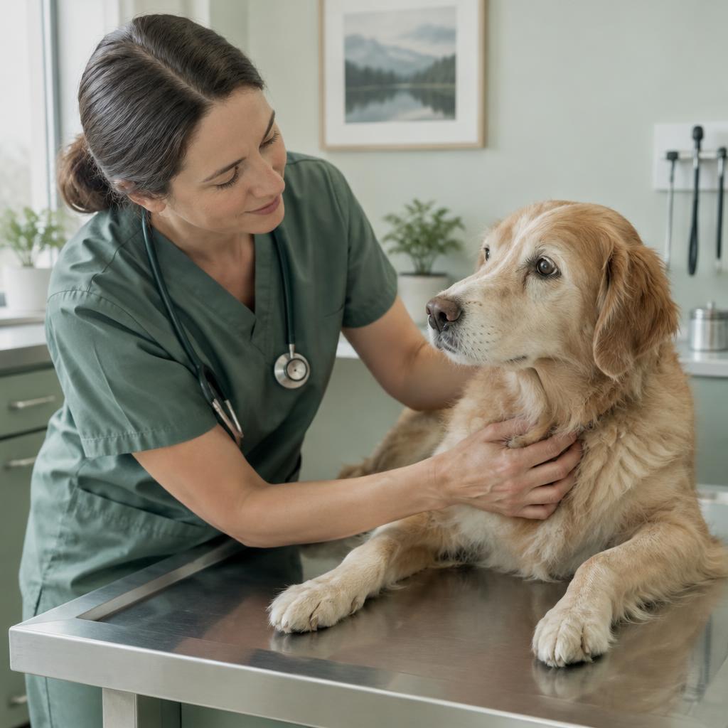 A dog being gently examined by a vet in green scrubs