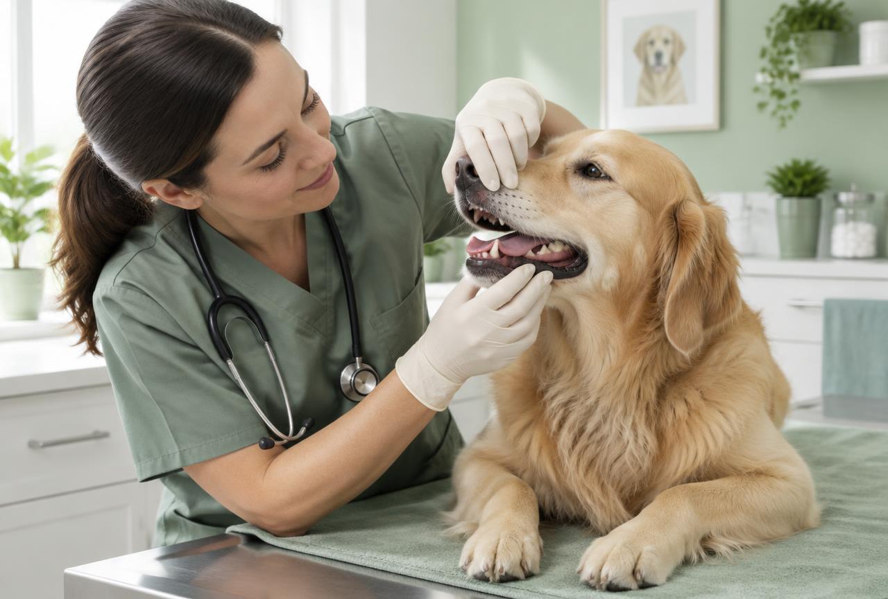 A vet examining a dog's mouth and teeth on a clinic table