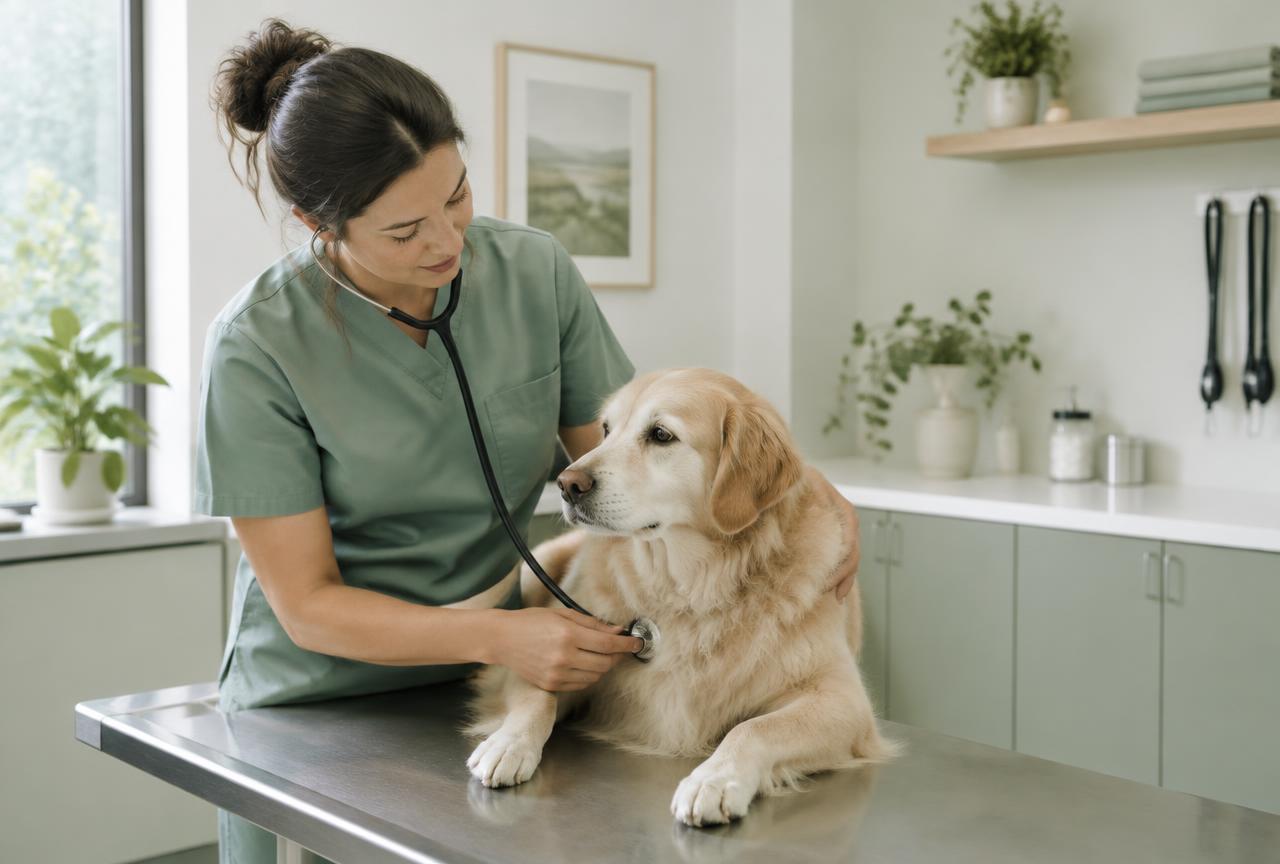 A vet in sage scrubs examining a calm dog on an examination table