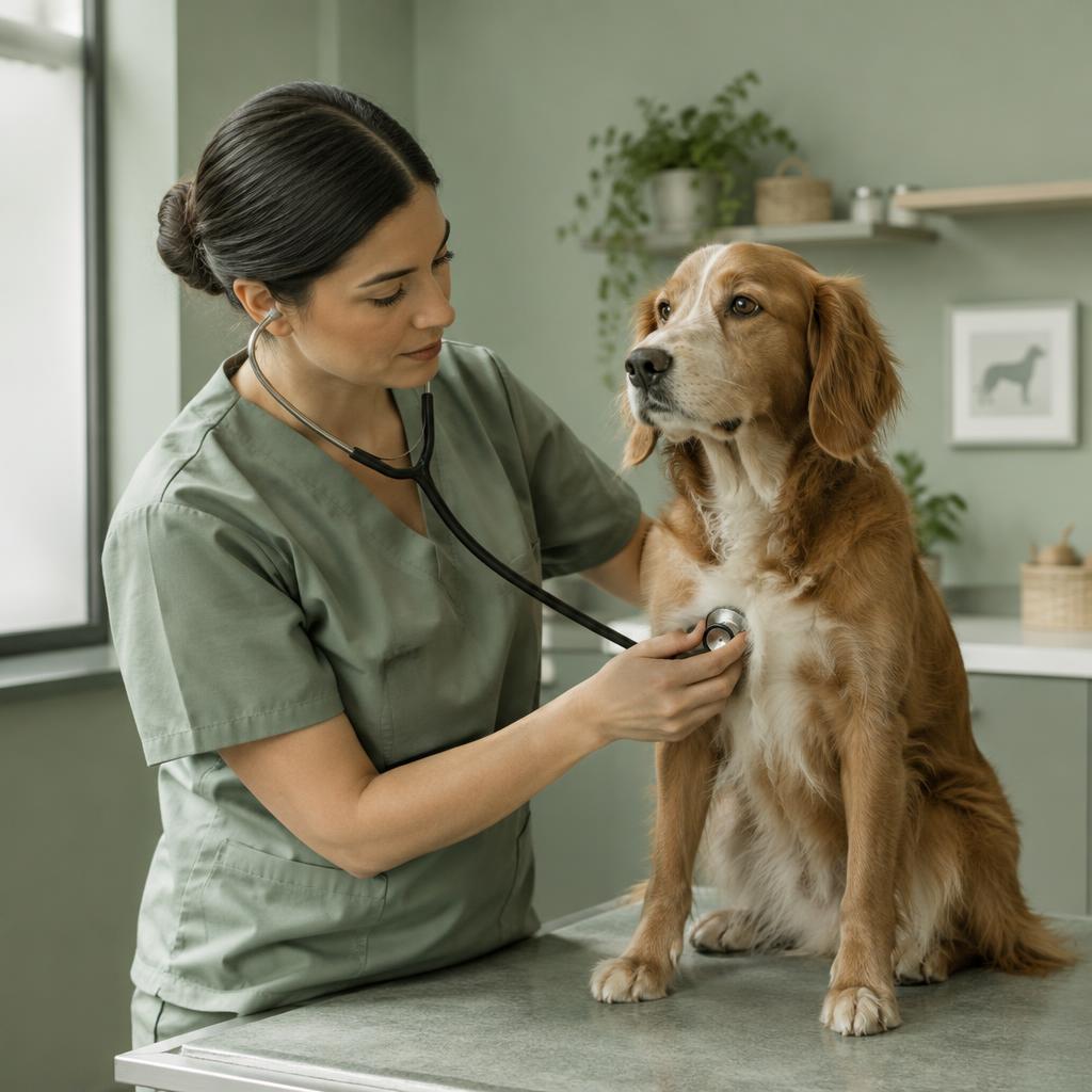 A vet examining a dog’s chest with a stethoscope in a clinic