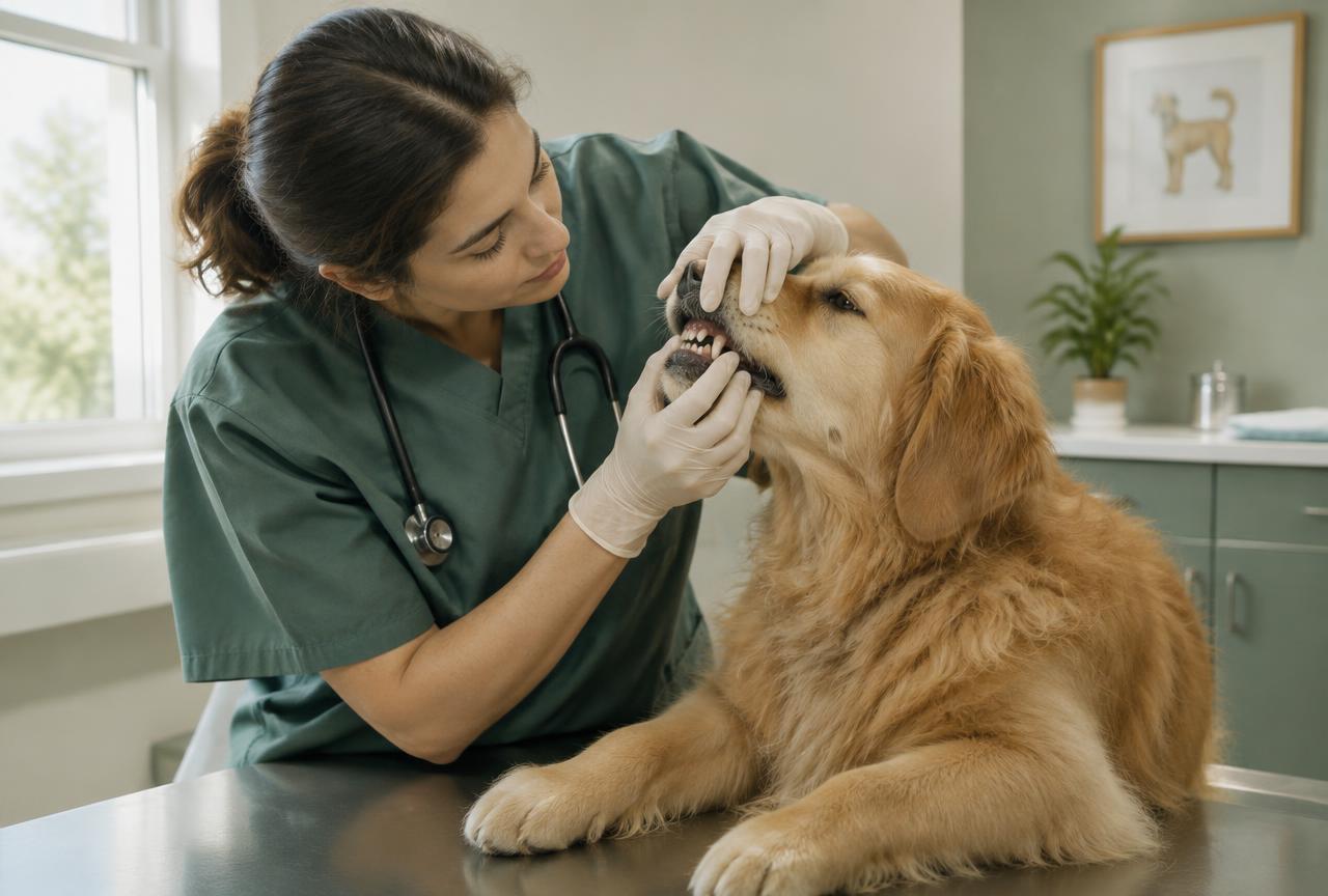 A vet examining a calm dog''s teeth on an examination table