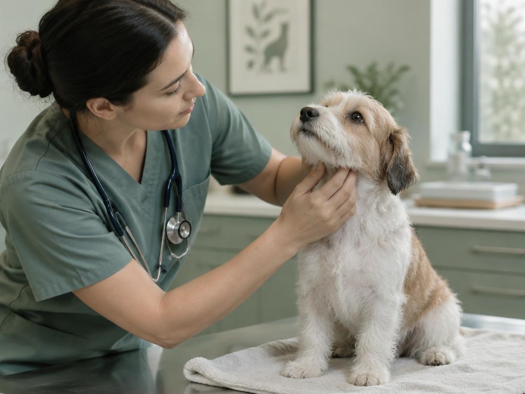 A vet gently examining a small dog's throat on an examination table