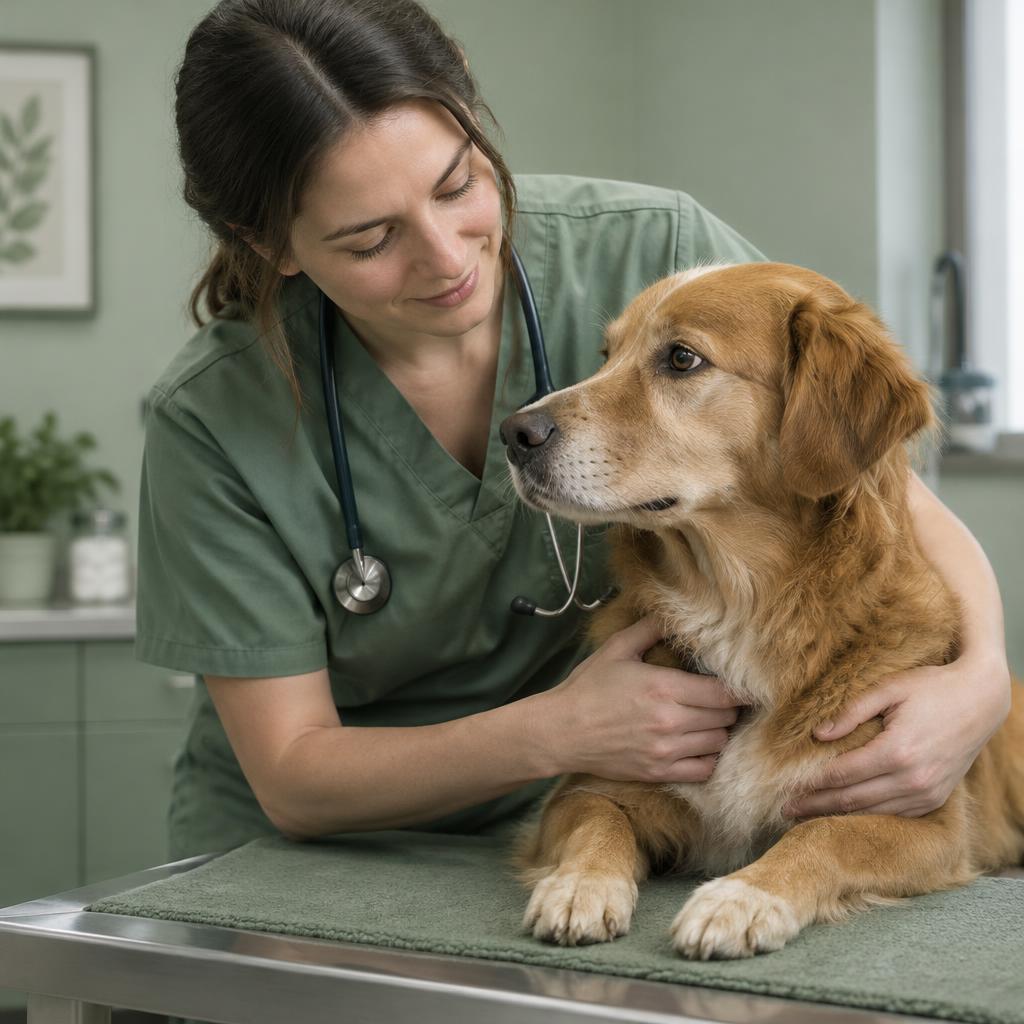 A dog being gently examined by a vet in green scrubs
