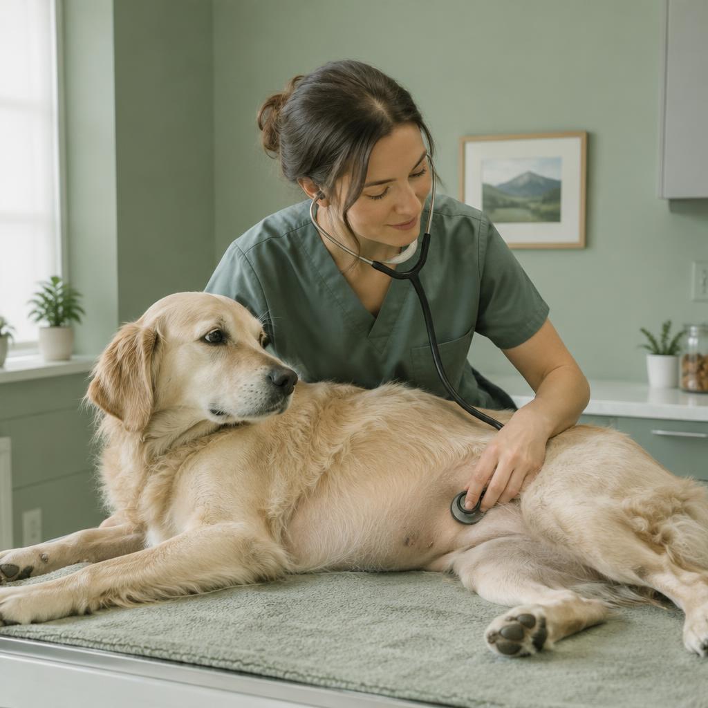 A vet listening to a dog’s abdomen with a stethoscope in a clinic