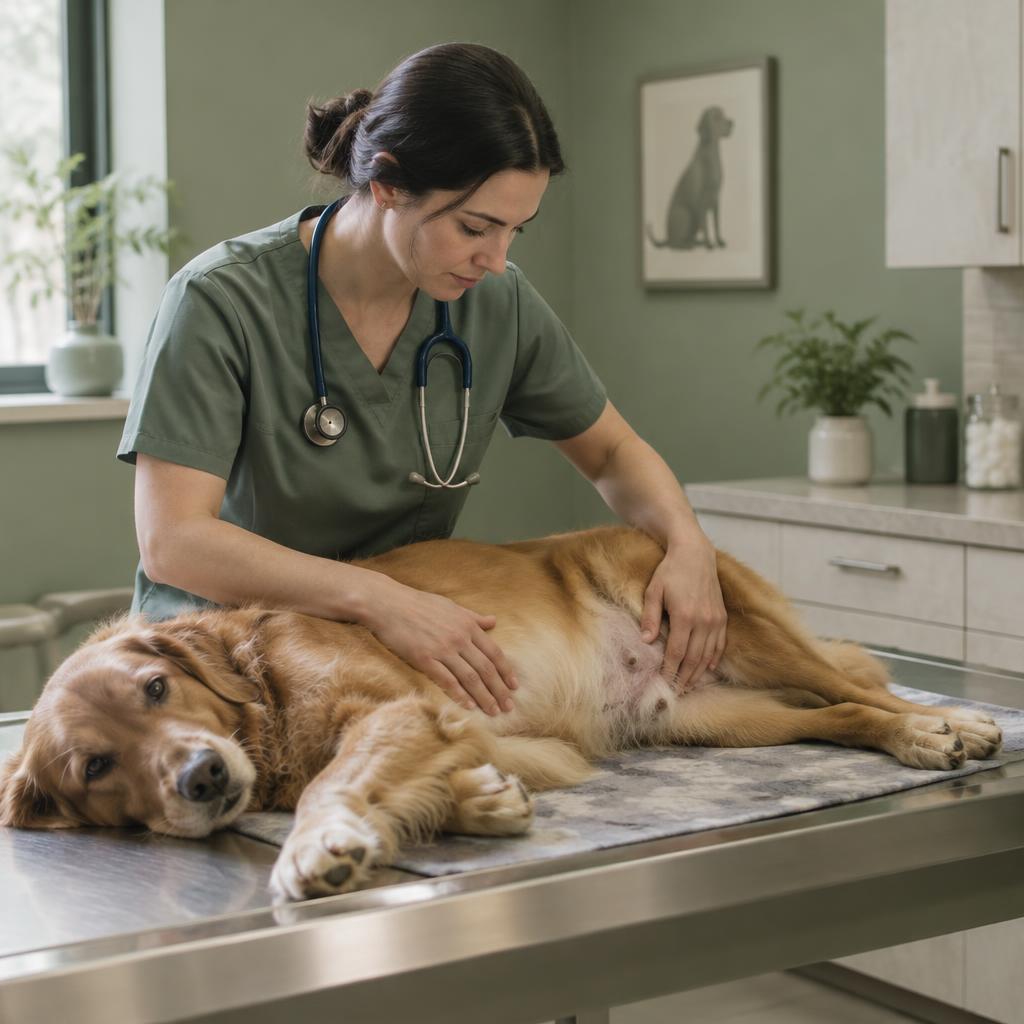 A veterinarian palpating a dog's abdomen on an examination table