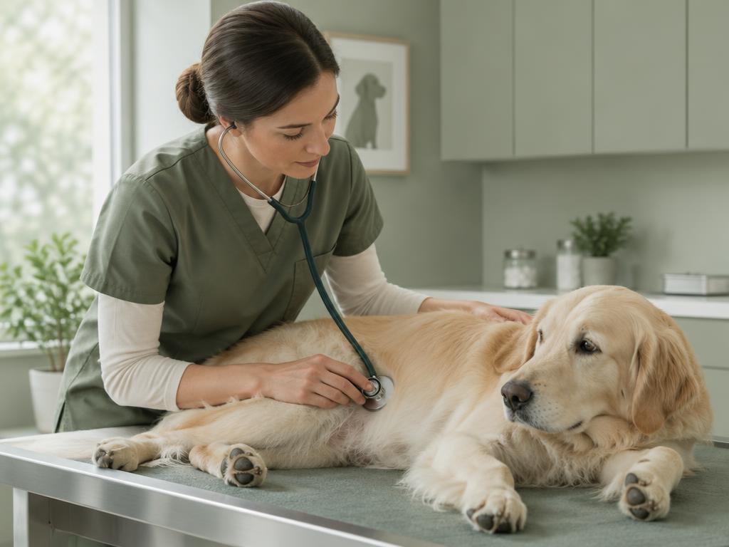 A vet listening to a dog's abdomen with a stethoscope