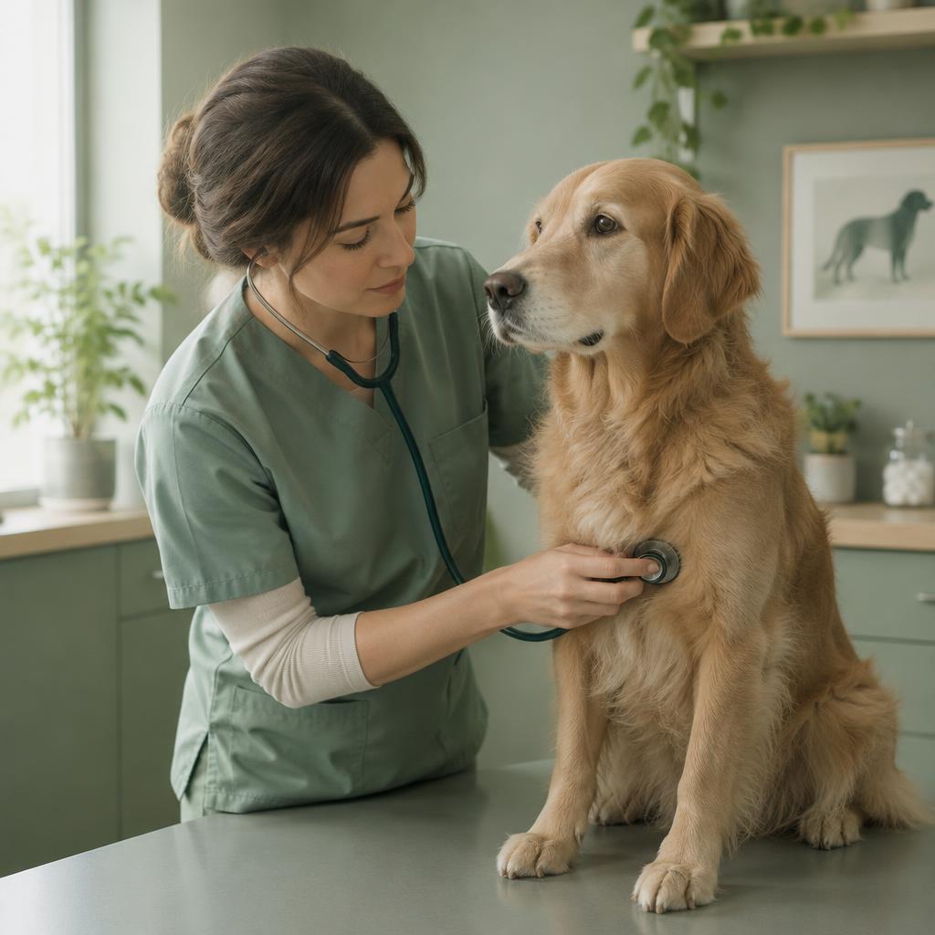 A vet examining a dog's throat during a consultation