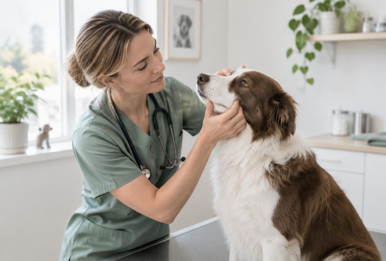 A vet examining a dog's face and jaw in a clinic