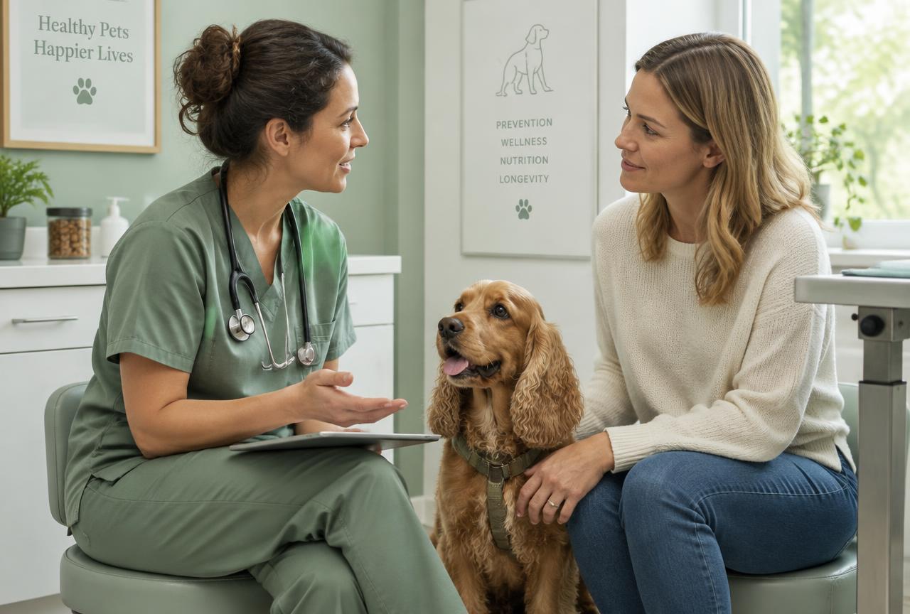 A vet talking with a smiling owner while a red cocker spaniel sits calmly between them in a bright clinic