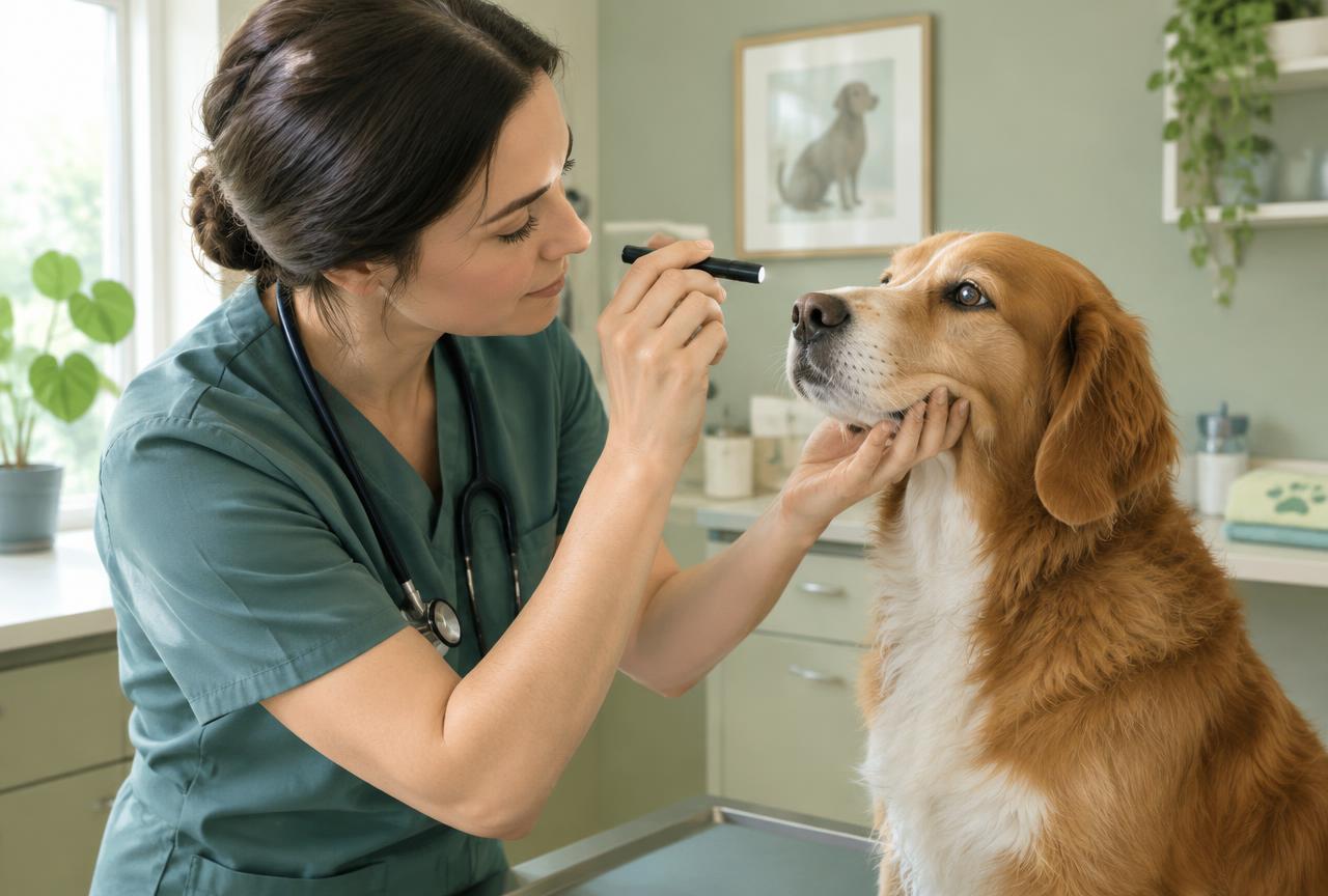 A vet examining a dog's eye with a small pen light in a bright clinic