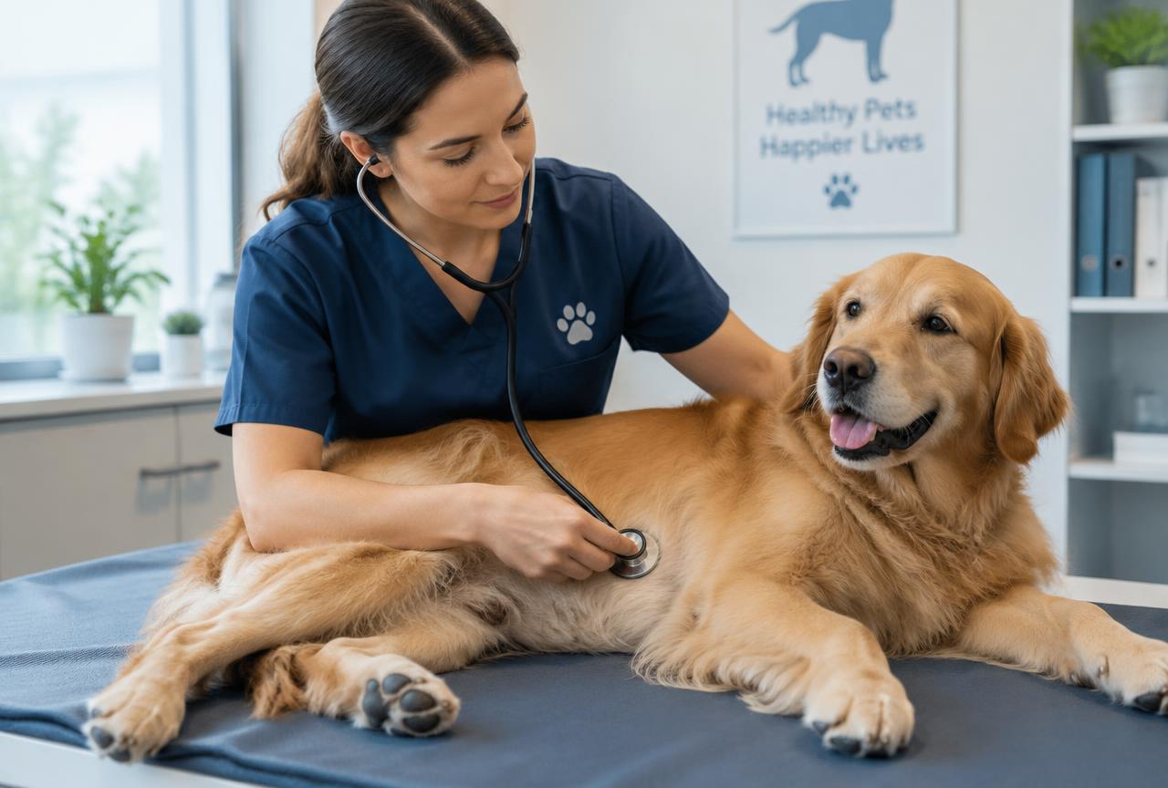 A vet listening to a golden retriever's abdomen with a stethoscope in a bright clinic