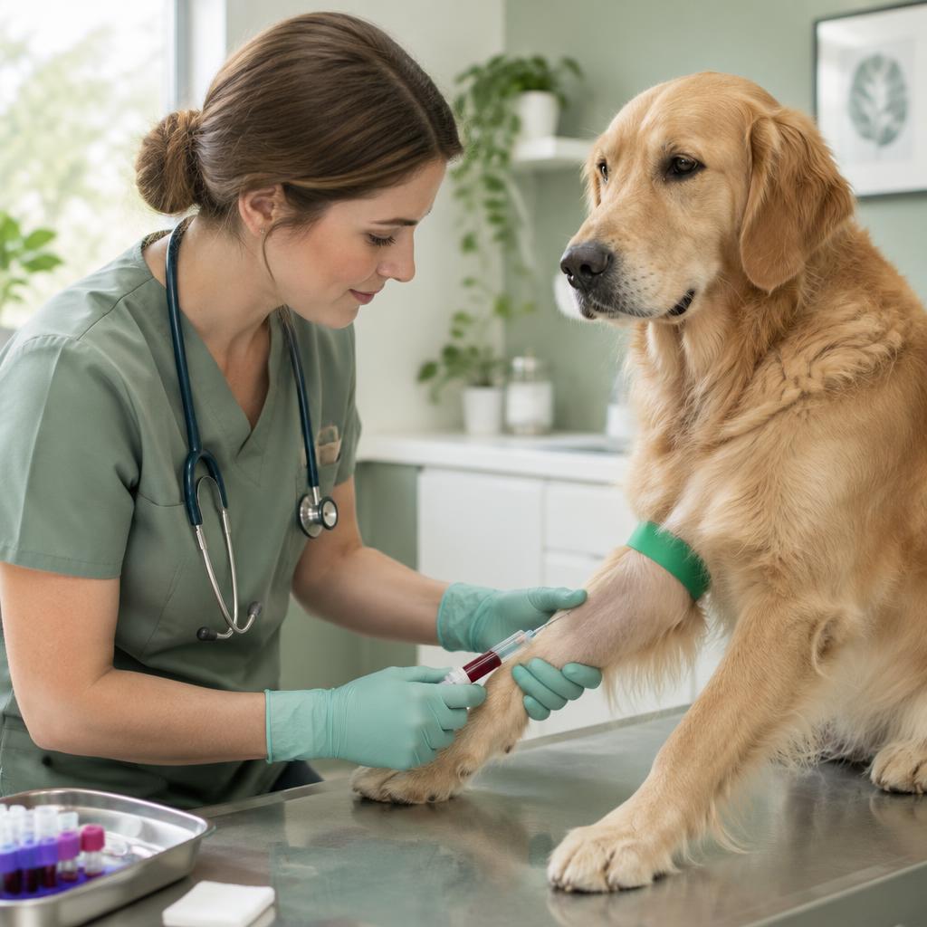 A vet taking a blood sample from a dog