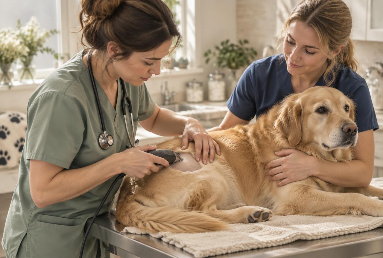 A vet clipping fur around a small area on a calm dog's hip