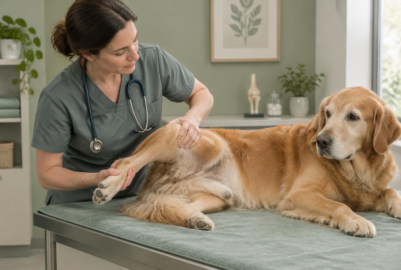 A vet gently flexing a dog's hind leg during an orthopaedic examination