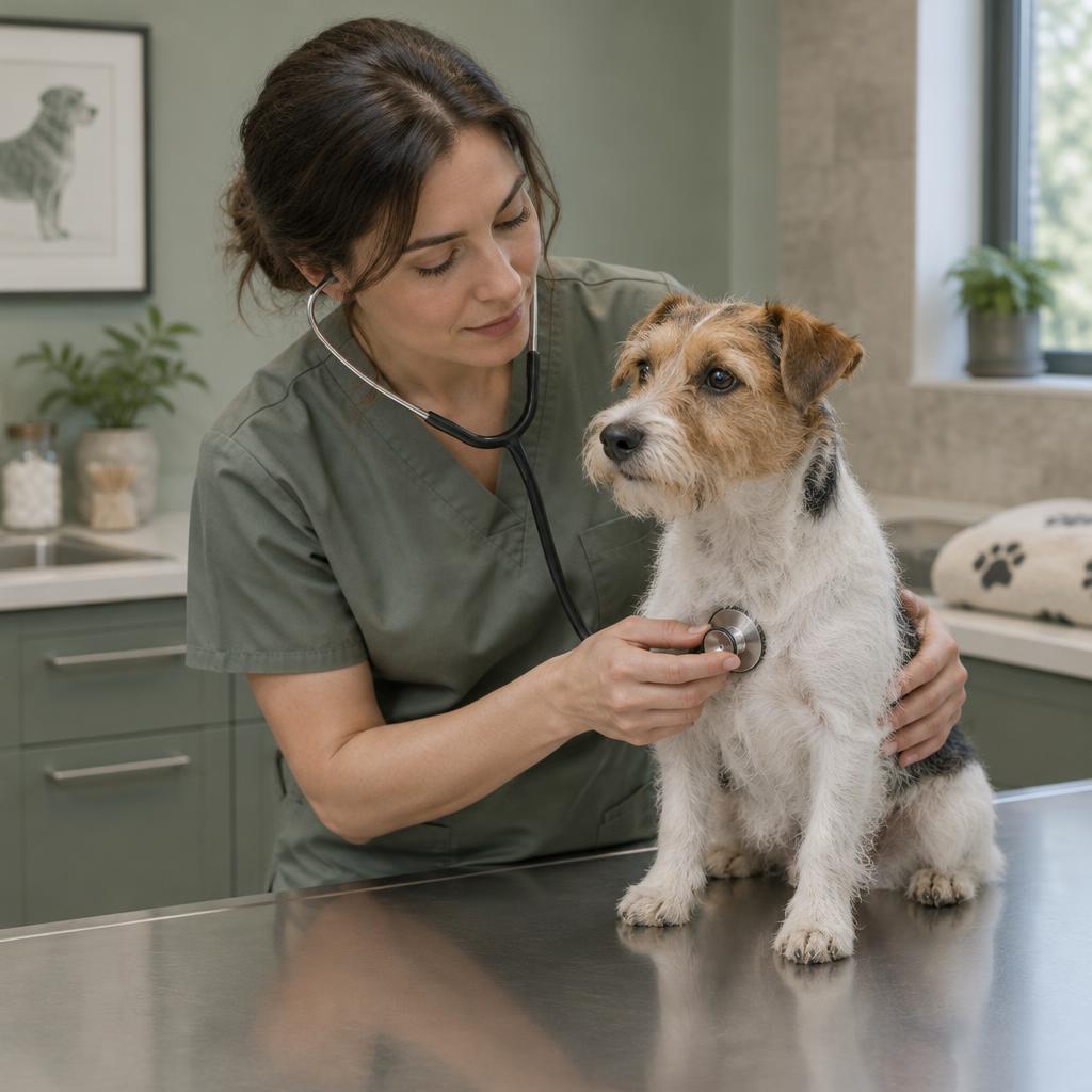 A vet examining a small terrier with a stethoscope