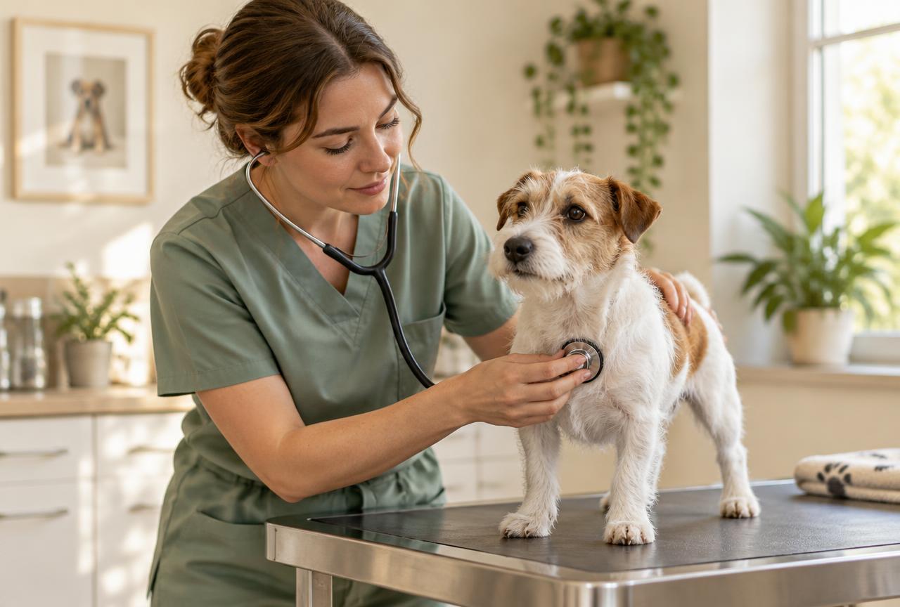 A vet listening to a small terrier's chest with a stethoscope