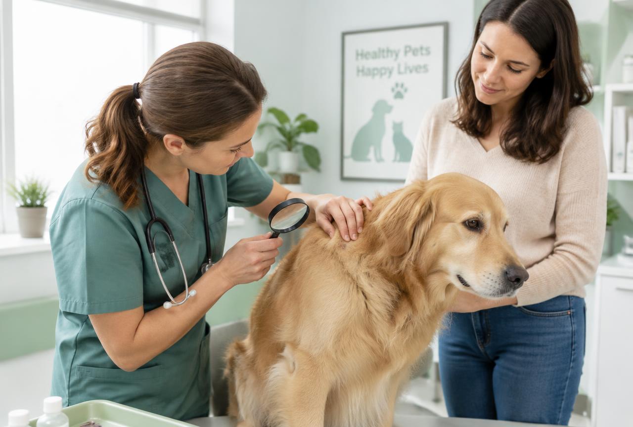 A vet in green scrubs examining a golden retriever's coat with a magnifying glass while the owner watches