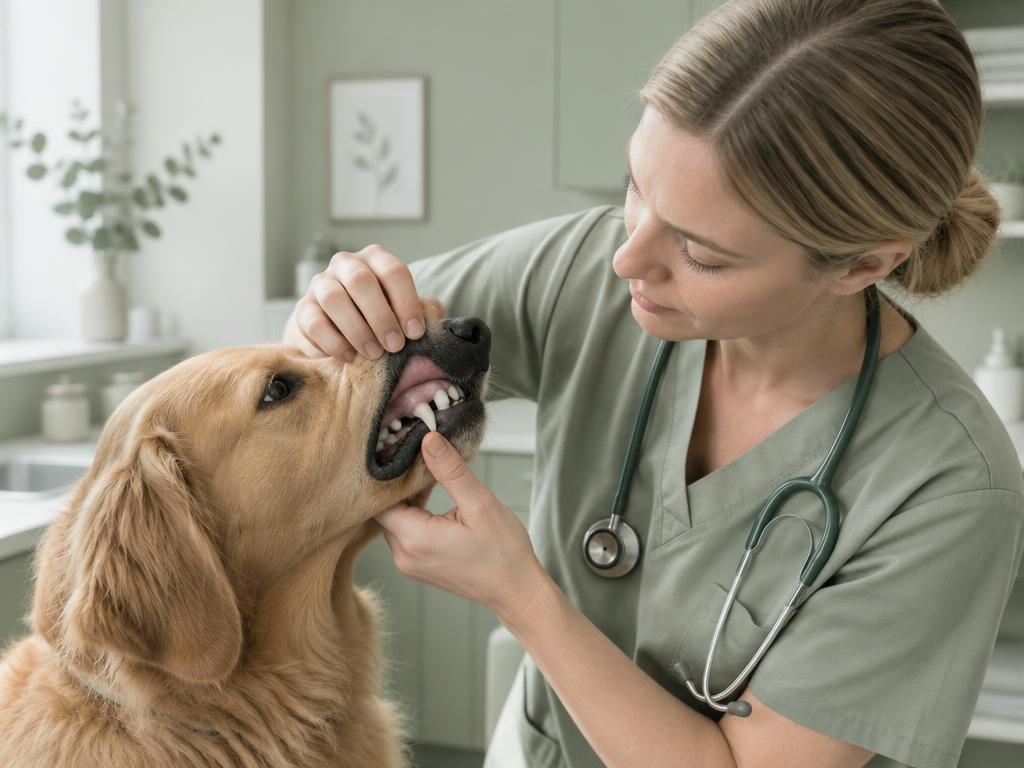 Vet checking a dog's gums during an examination