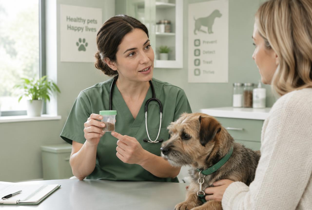 A vet holding up a small sample pot while explaining to an owner with a scruffy terrier at a clinic table