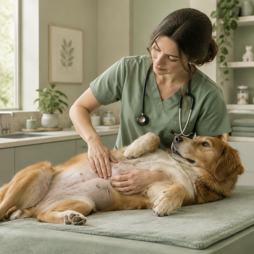 A vet examining a dog's belly at the clinic