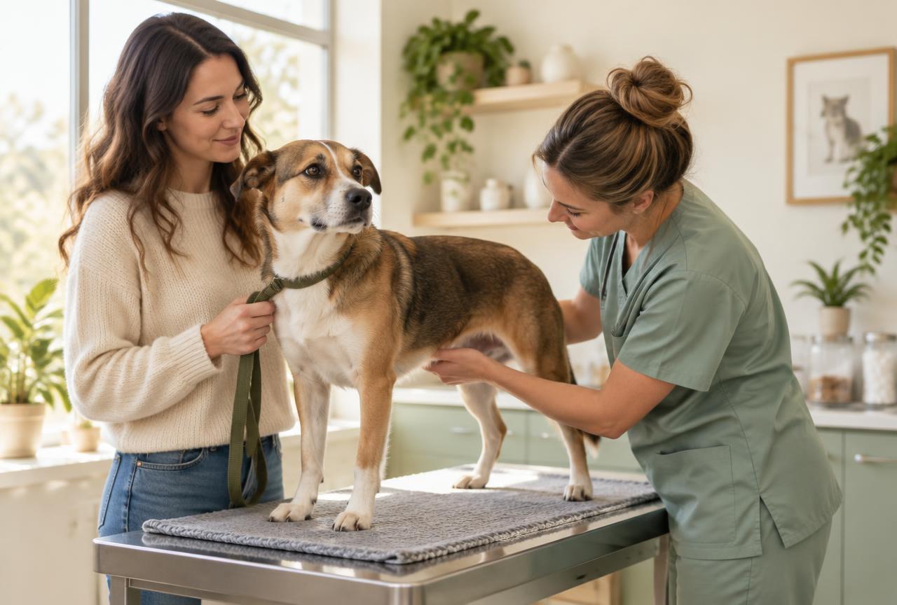 A vet gently feeling a dog's belly on an examination table while the owner holds the lead