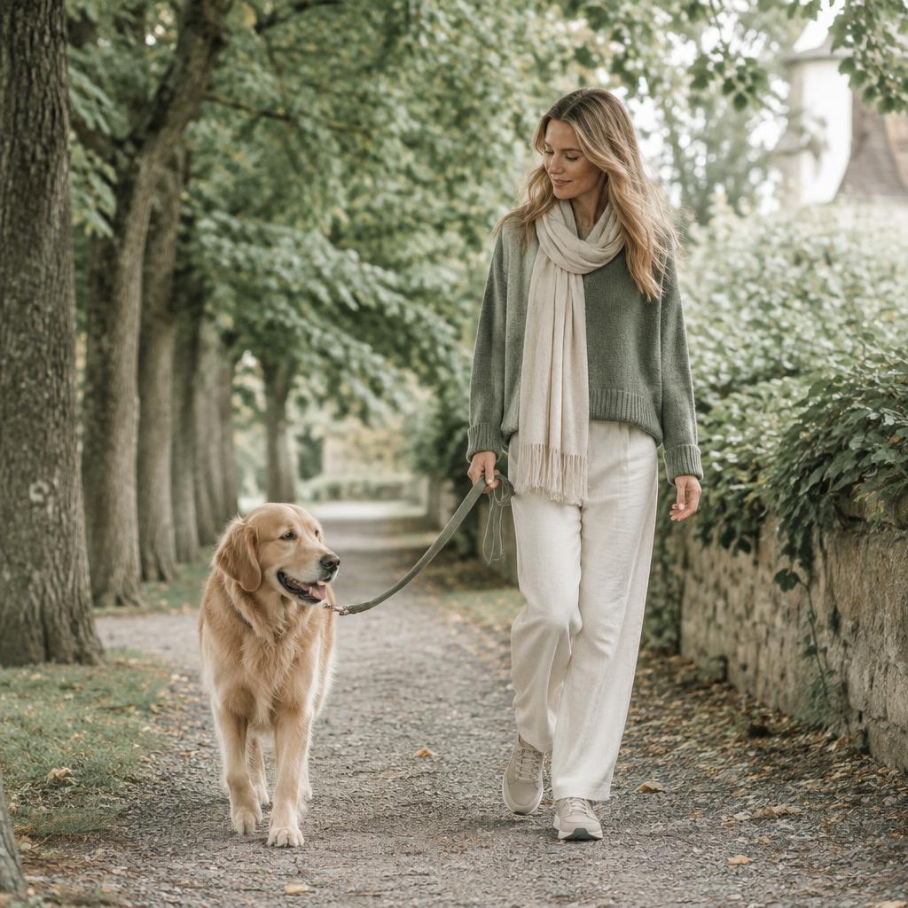 A golden retriever walking on a lead along a tree-lined path