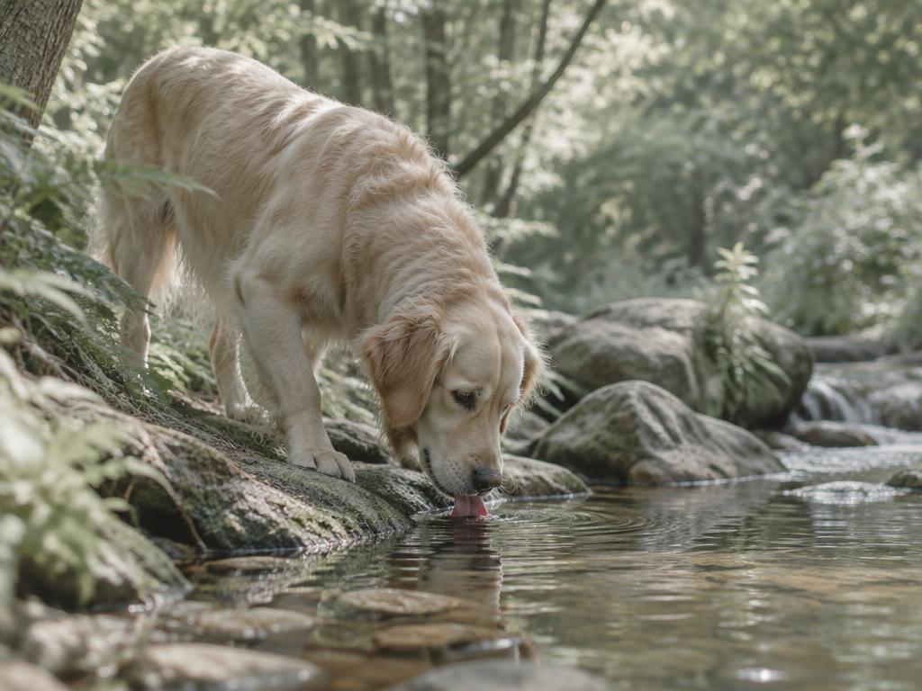 Dog drinking from a woodland stream