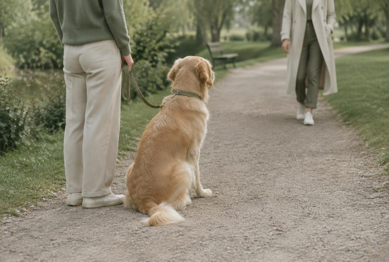 A dog on a lead sitting calmly beside its owner as another person approaches