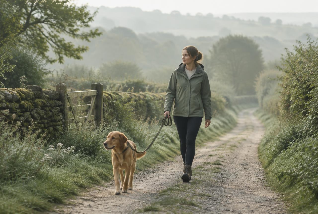 A female dog walking on a lead along a quiet country path