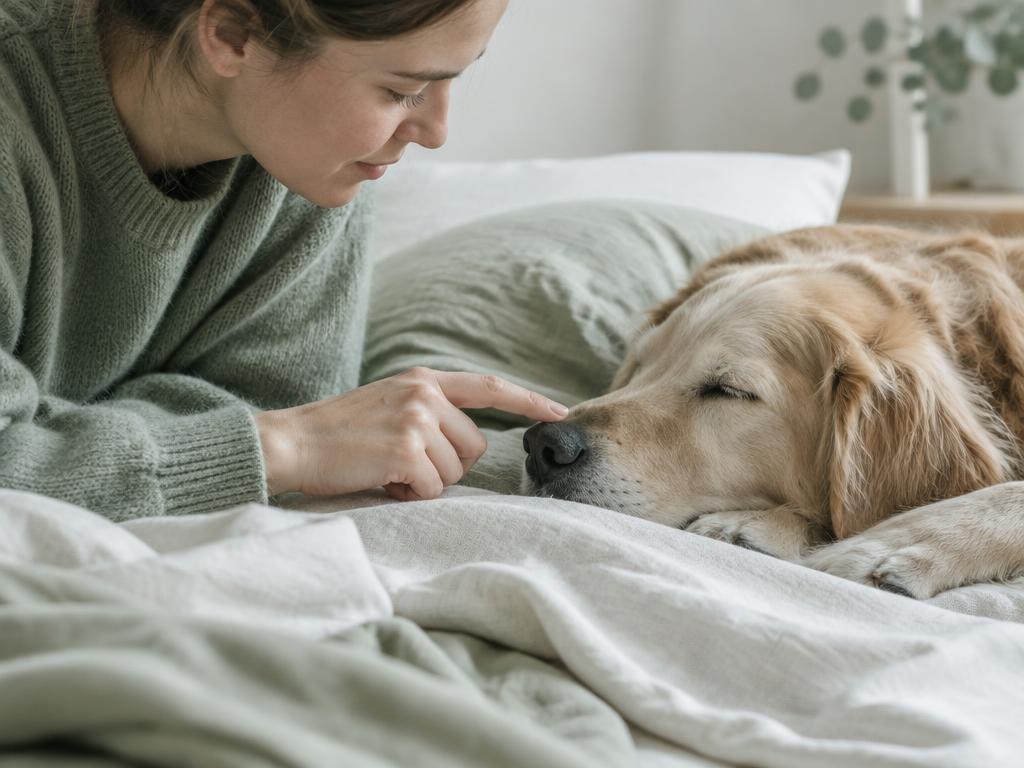 Owner gently touching a sleeping dog's nose