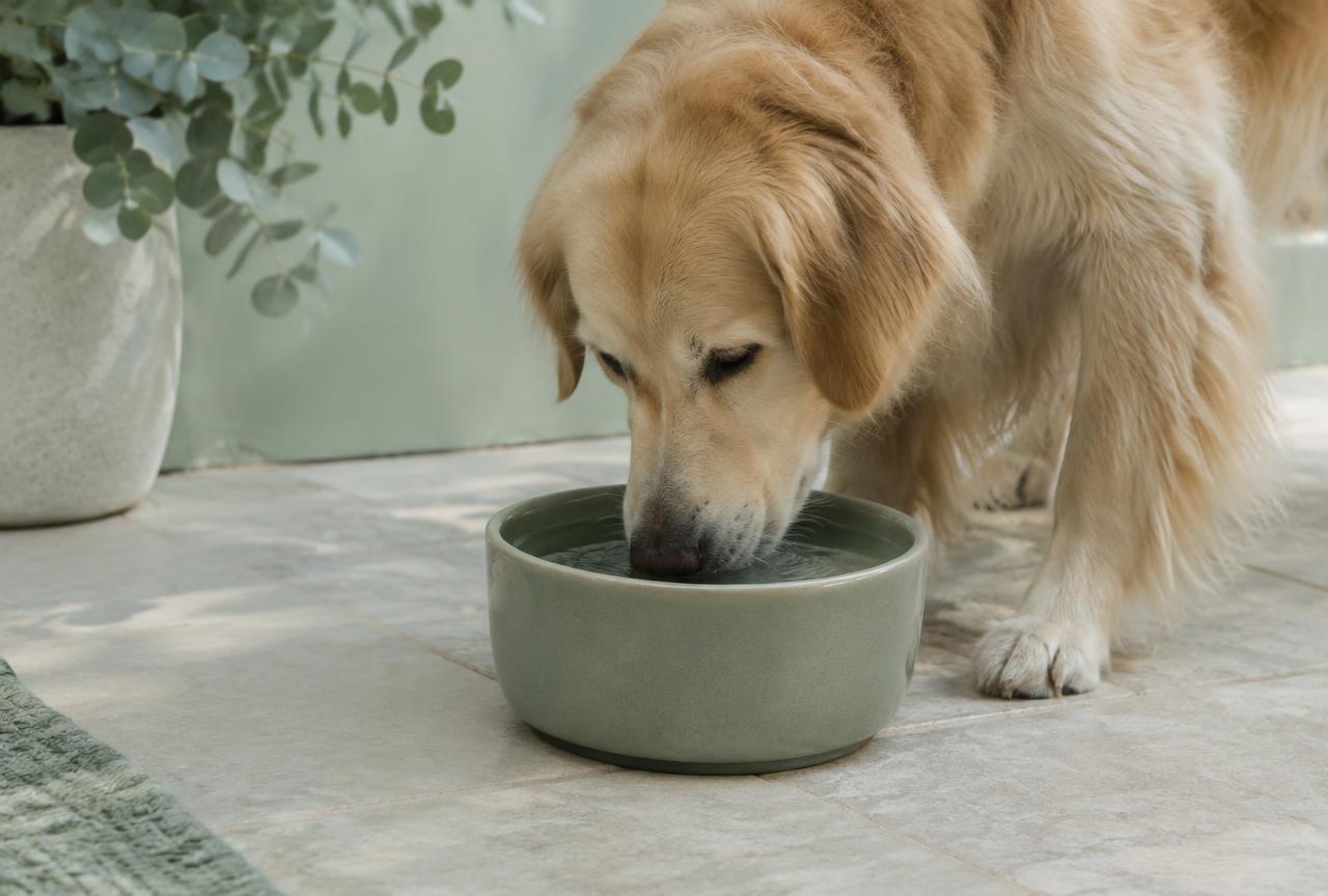 An adult dog drinking water calmly from a ceramic bowl