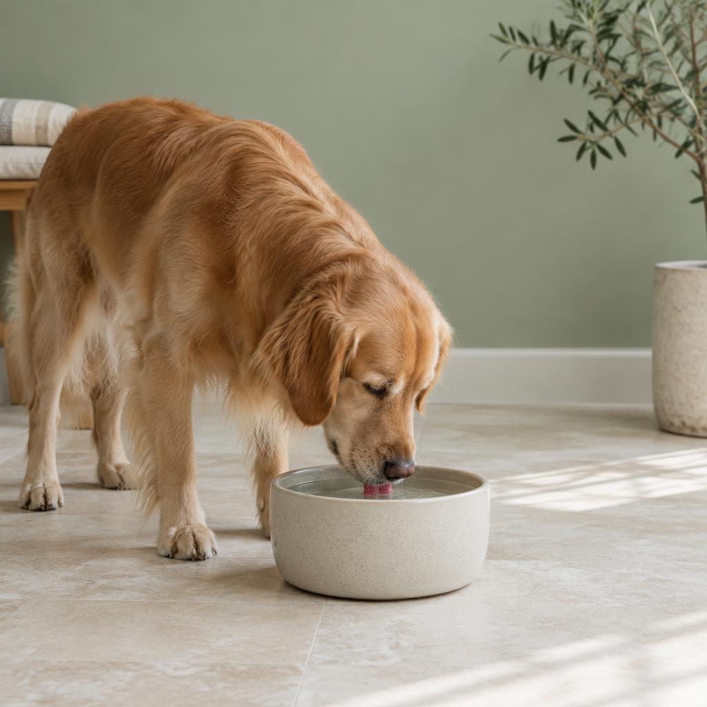 A golden retriever drinking from a water bowl on a stone floor