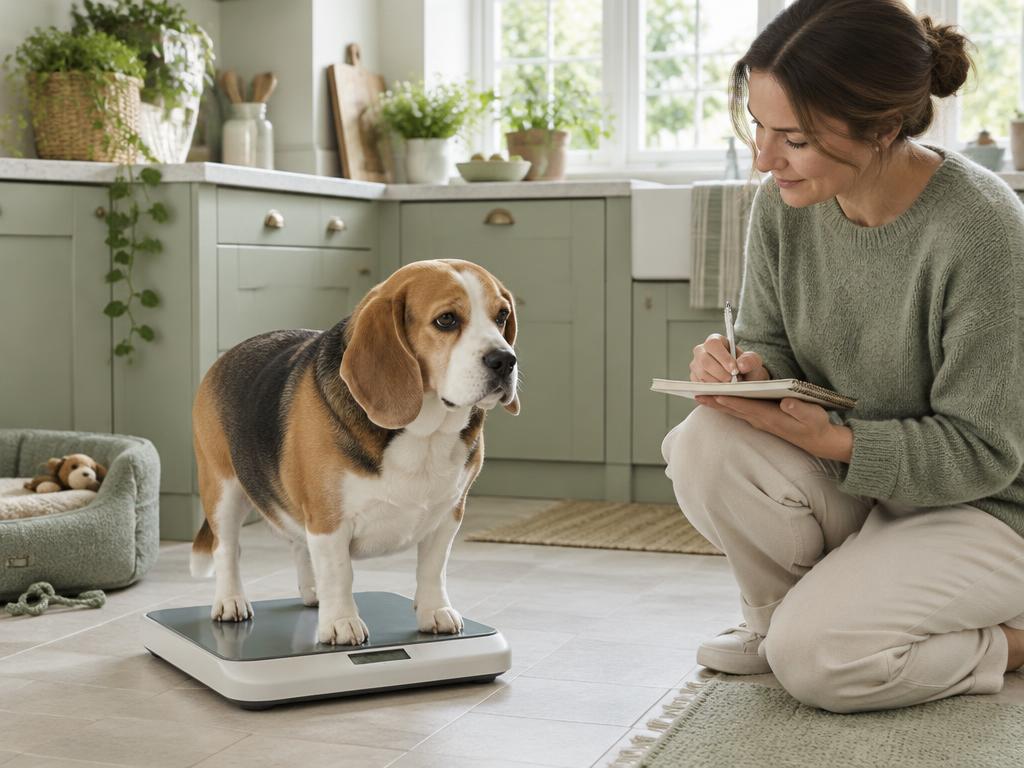 A Beagle standing on pet scales while its owner notes the weight in a notebook