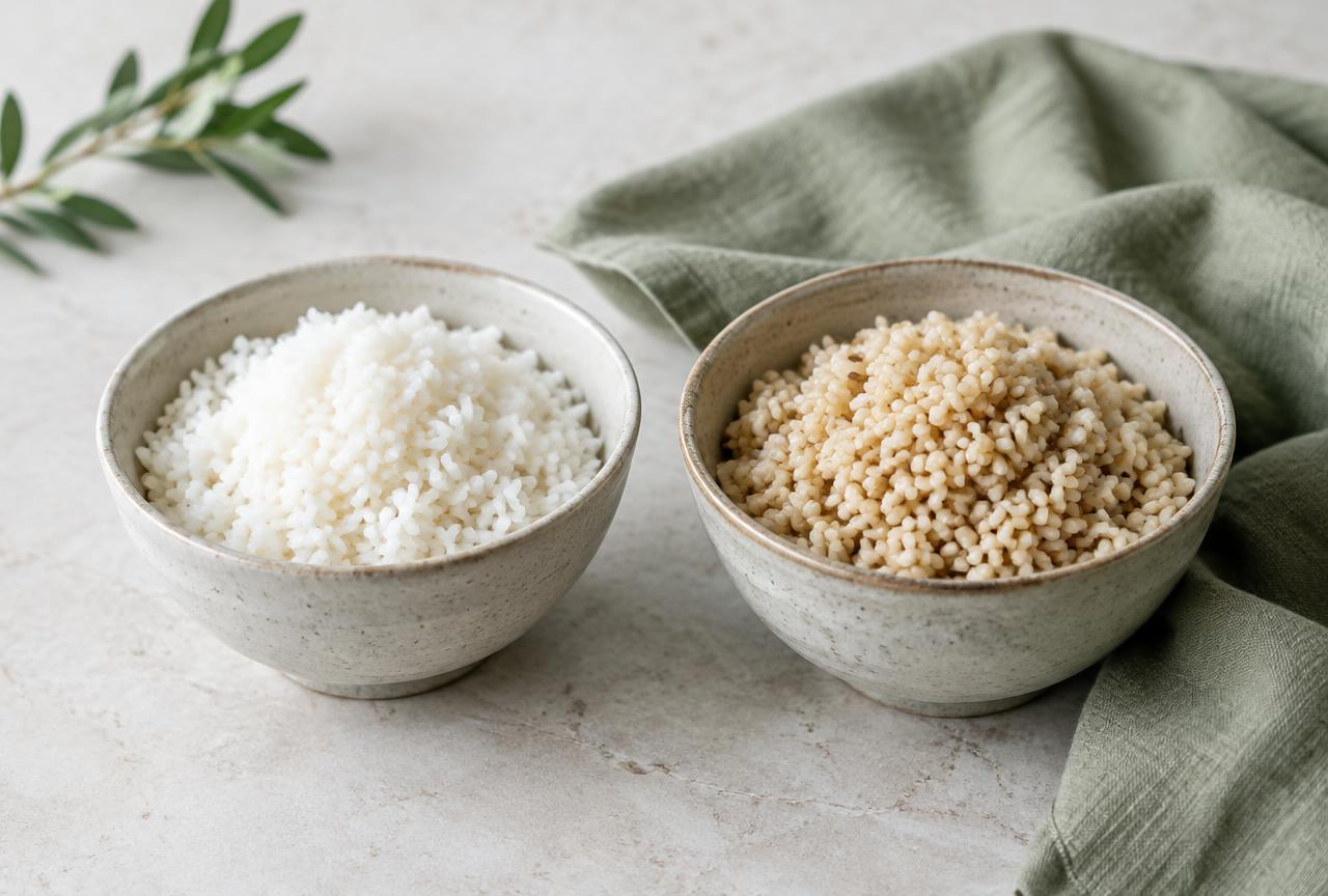 Two bowls, one of white rice and one of brown rice