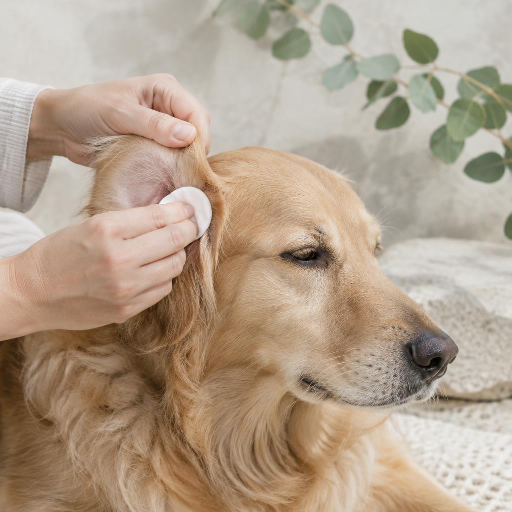 A hand wiping a dog's outer ear with a cotton pad