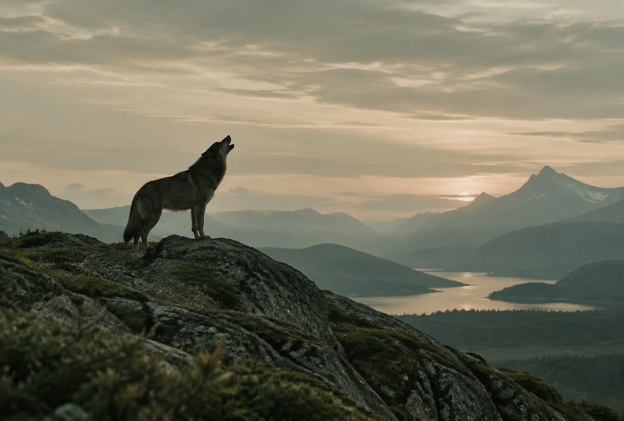 A wolf howling on a ridge at dusk